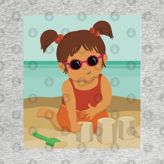 Cute little summer girl is on vacation building a sand castle on the beach by marina63